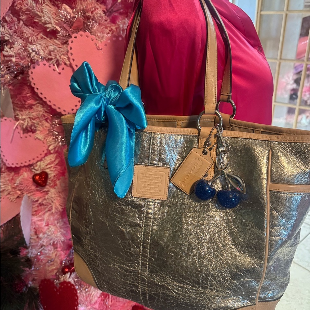 Coach Metallic Silver and Tan Tote with Blue Accent